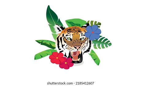 Siberian tiger's head in plants and flower  in the concept vector