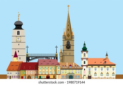 Sibiu medieval city modular vector buildings and elements