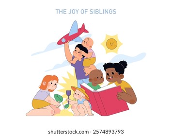 Sibling Bonding Moments concept. Illustration of children playing and reading together, encapsulating the joy of brotherhood and sisterhood. Vector illustration.