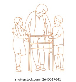 sibling helping grandma walking with walking frame