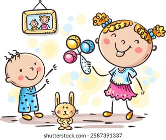 Sibling playing together. Baby brother and big sister. Cute cartoon children playing with toys. Vector illustration