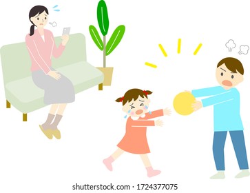 Sibling quarrels and mother in the living room