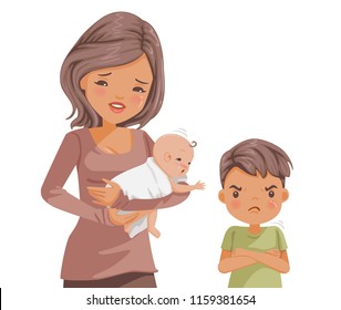 Sibling relationship. Attention Claims of the brother and first sister . relationship in the family mother holding newborn baby. The mother Suffering with trouble child. jealousy of the youngest child