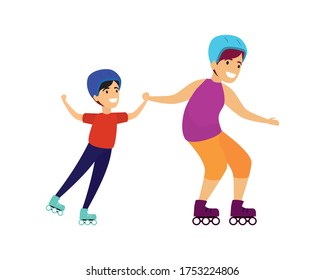 Sibling Ride on Roller Skates Together Illustration