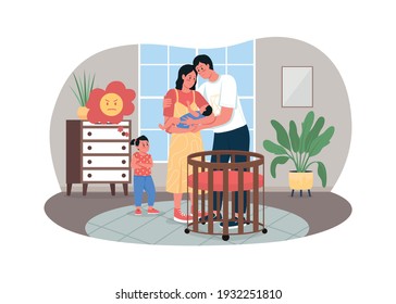 Sibling Rivalry 2D Vector Web Banner, Poster. Jealous Sister. Father, Mother, Baby And Daughter In Nursery Flat Characters On Cartoon Background. Family Conflict Printable Patch, Colorful Web Element