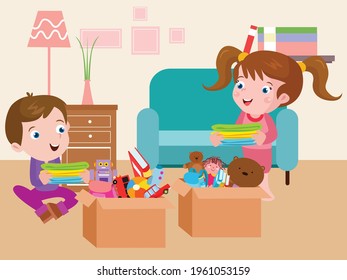 Siblings with belongings in a cardboard cartoon 2d vector concept for banner, website, illustration, landing page, flyer, etc.