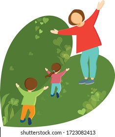 Siblings boy and girl run towards their mother, their hands open. Repeating heart shape symbolizes love and care both for mother, and nature. Sustainable and eco friendly living. Mother's day card 