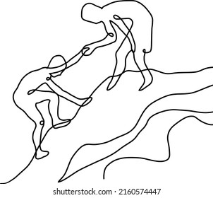 Siblings brothers helping one another one line drawing vector design. Continuous single line drawing of teamwork, friendship and sportsmanship. Ideal for poster, card, banner, flyer, logo, and emblem.