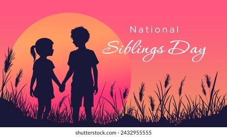 Siblings. Celebration of National Siblings Day. modern minimalist design with the silhouette of two small children and flowers. April 10. Siblings day