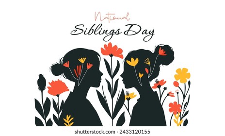 Siblings. Celebration of National Siblings Day. modern minimalist design with the silhouette of two small children and flowers. April 10. Siblings day 2024