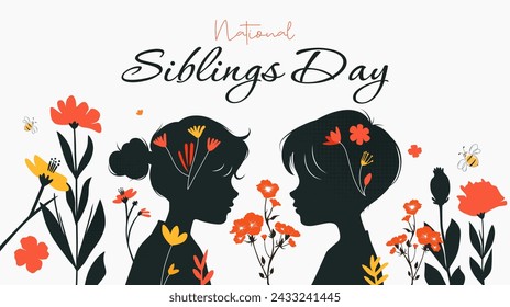 Siblings. Celebration of National Siblings Day. modern minimalist design with the silhouette of two small children and flowers. April 10. Siblings day 2024	