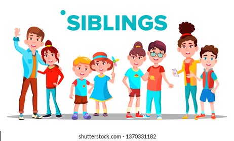 Siblings, Cheerful Brothers And Sisters Vector Banner Concept. Siblings, Family Relationship Hand Drawn Poster. Smiling Little Children And Teenagers Cartoon Characters. Happy Kids Flat Illustration