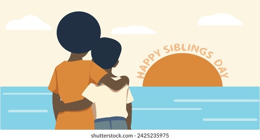 siblings day, april, two kid-children standing - hugging each other, watching sunset 