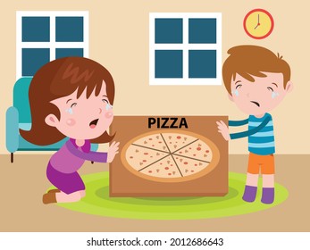 Siblings fight over a box of pizza 2D cartoon concept for banner, website, illustration, landing page, flyer, etc.