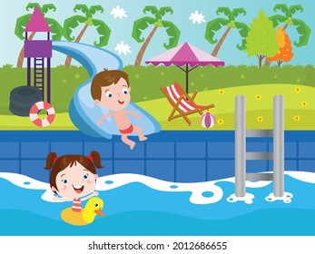 Siblings having fun at pool 2D cartoon concept for banner, website, illustration, landing page, flyer, etc.