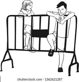 The siblings are leaning on the crowds steel control barrier having a conversation.