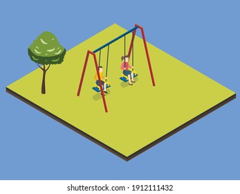 Geschwister spielen mit dem swing isometrischen 3D Vektorkonzept für Banner, Website, Illustration, Landing-Page, Flyer, etc.