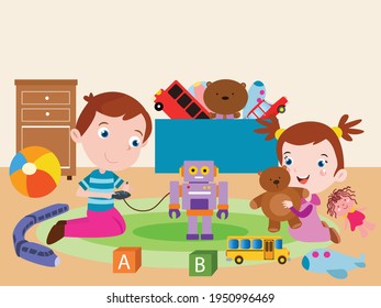 Los hermanos juegan juntos en el concepto de vectores de casa para banner, sitio web, ilustración, página de aterrizaje, volante, etc.