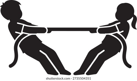 Irmãos jogando cabo de guerra, Dois indivíduos envolvidos em um cabo de guerra com uma corda em uma ilustração em preto e branco isolado no fundo branco, ilustração
