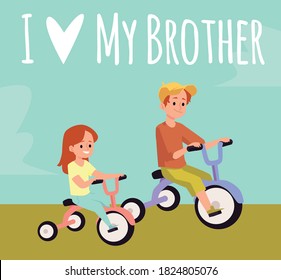Siblings riding bicycle - cartoon card with little boy and girl on outdoor bike ride together. Sister and brother on summer tricycle drive, vector illustration
