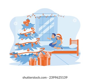 Siblings sitting on the bed looking at the Christmas tree. Gift boxes lie under the Christmas tree. Christmas Eve concept. Trend Modern vector flat illustration