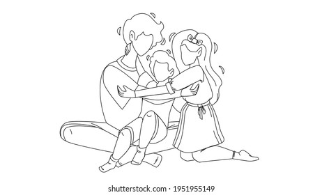 Siblings Sitting On Floor And Embracing Black Line Pencil Drawing Vector. Siblings Brothers And Sisters Kids Playing Together. Relationship Characters Children Family Play Time Togetherness 