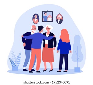 Siblings talking to parents in front of family portraits. Man hugging parents, happy family flat vector illustration. Family portraits, reunion concept for banner, website design or landing web page