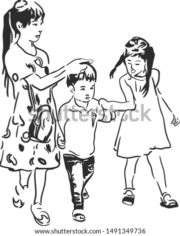 The siblings are walking together while their baby brother is in the middle her eldest sister is pointing his head while her other sister is holding his arm.  