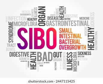 SIBO - Small Intestinal Bacterial Overgrowth is an imbalance of the microorganisms in your gut that maintain healthy digestion, word cloud concept background