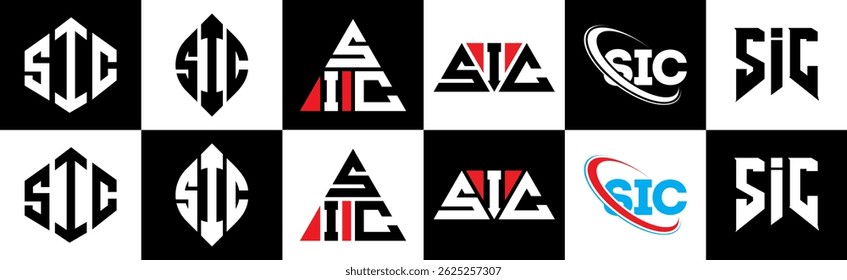 SIC letter logo design in six style. SIC polygon, circle, triangle, hexagon, flat and simple style with black and white color variation letter logo set in one artboard. SIC minimalist and classic logo