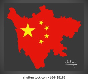 Sichuan China map with Chinese national flag illustration