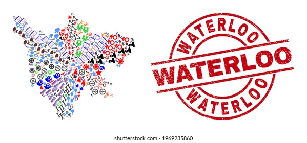 Sichuan Province map collage and Waterloo red round stamp. Waterloo badge uses vector lines and arcs. Sichuan Province map collage includes gears, homes, lamps, suns, wine glasses, and more symbols.