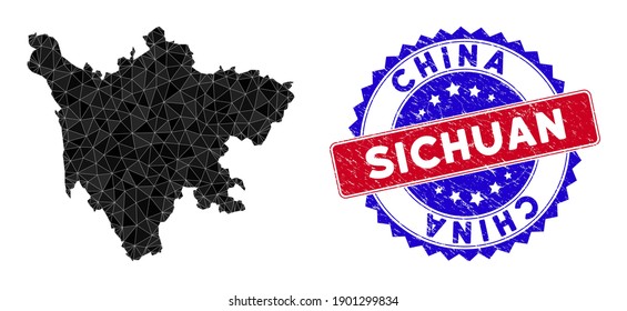 Sichuan Province map polygonal mesh with filled triangles, and textured bicolor seal. Triangle mosaic Sichuan Province map with mesh vector model, triangles have different sizes, and positions,