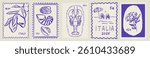 Sicilia amalfi sticker with lemons and sea animals. Vintage Italian print, wall art, vector travel postcard stamp, summer emblem, placard or poster. Retro frame border element design.
