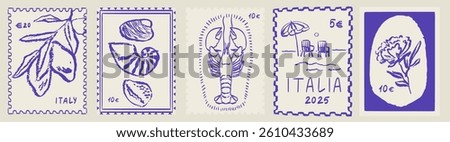 Sicilia amalfi sticker with lemons and sea animals. Vintage Italian print, wall art, vector travel postcard stamp, summer emblem, placard or poster. Retro frame border element design.
