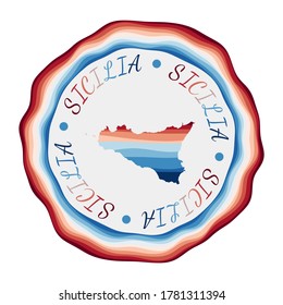 Sicilia badge. Map of the island with beautiful geometric waves and vibrant red and blue frame. Vivid round Sicilia logo. Vector illustration.