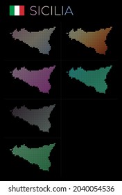 Mapa de puntos de Sicilia. Mapa de Sicilia en estilo punteado. Las fronteras de la isla están llenas de hermosos círculos de gradientes lisos. Ilustración vectorial atractiva.