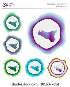 Sicilia logo collection. Colorful logo of the island. Unique layered dynamic frames around Sicilia border shape. Vector illustration.