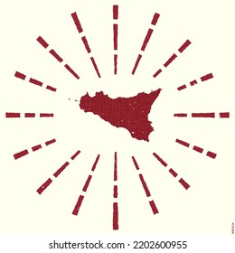 Sicilia Logo. Grunge sunburst poster with map of the island. Shape of Sicilia filled with hex digits with sunburst rays around. Astonishing vector illustration.
