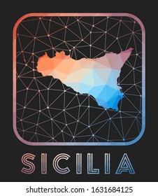 Sicilia map design. Vector low poly map of the island. Sicilia icon in geometric style. The island shape with polygnal gradient and mesh on dark background.