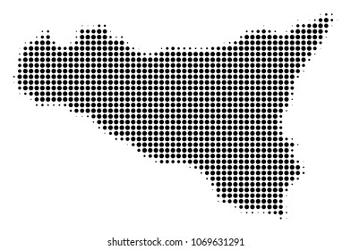 Sicilia Map halftone vector pictogram. Illustration style is dotted iconic Sicilia Map icon symbol on a white background. Halftone texture is circle points.