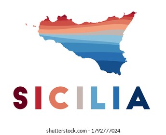 Sicilia map. Map of the island with beautiful geometric waves in red and blue colors. Vivid Sicilia shape. Vector illustration.