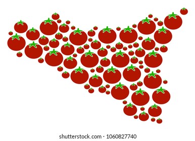 Sicilia Map mosaic of tomatoes in different sizes. Vector tomato vegetable items are composed into sicilia map collage. Vegan vector design concept.