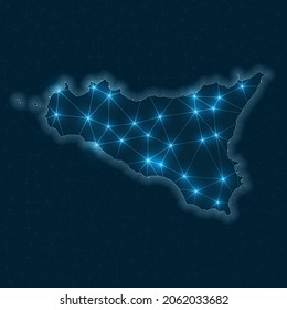 Sicilia network map. Abstract geometric map of the island. Digital connections and telecommunication design. Glowing internet network. Astonishing vector illustration.