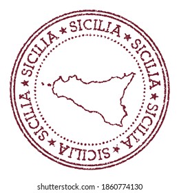 Sicilia round rubber stamp with island map. Vintage red passport stamp with circular text and stars, vector illustration.