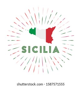 Sicilia sunburst badge. The island sign with map of Sicilia with Italian flag. Colorful rays around the logo. Vector illustration.