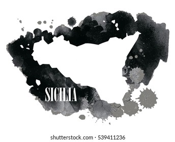 Sicilia.  Vector drawing on the background of watercolor paint stains .