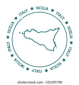 Sicilia vector map. Retro vintage insignia with island map. Distressed travel stamp with Sicilia text wrapped around a circle and stars. Sicilia map vector illustration.