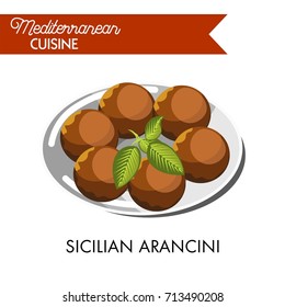 Sizilianische Arancini mit Naturkraut auf glänzendem Teller