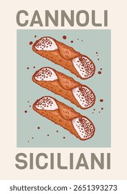Sicilian Cannoli retro poster. Hand drawn sweet pastry in sketch style. Vintage design template. Vector illustration.